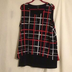 ALFANI Women’s Sleeveless Layered Split Back Top- Red and Black Plaid Size 2X